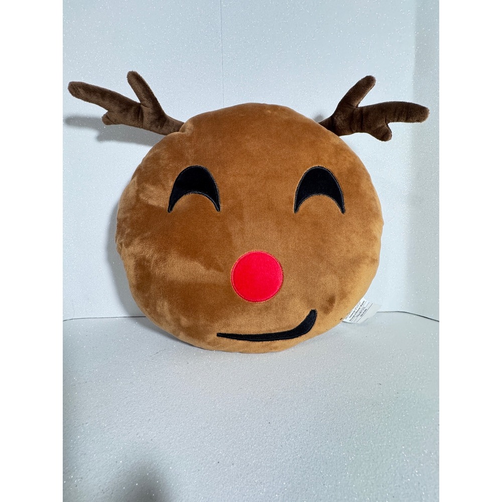 MSA Trading Reindeer Emoji Plush Pillow Brown Red Nose Christmas Decor 12in 3226
